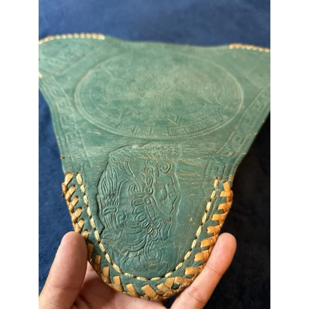 Vtg Hand Stitched Leather Tripod Seat Cover Aztec Design Genuine Leather Green